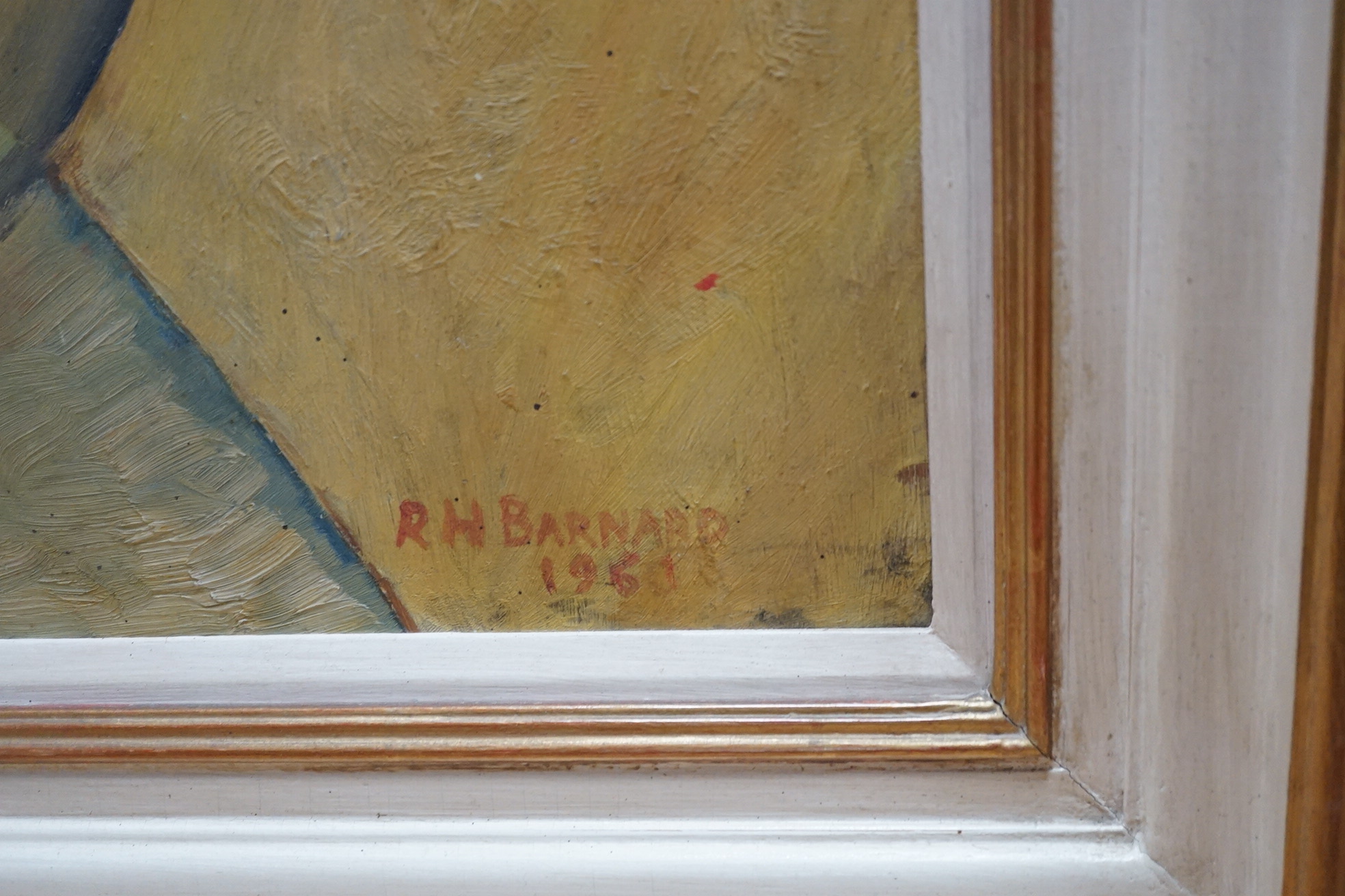 R. H. Barnard (American, 20th. C), three abstract oils on board to include an impasto example, one signed and dated 1961, largest 90 x 73cm. Condition - fair to good